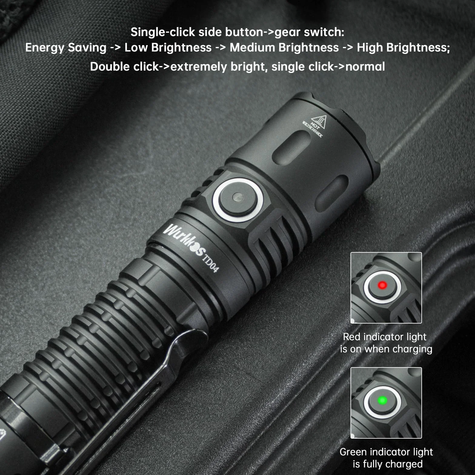 Wurkkos TD04 Linterna Led Táctica Recargable 5000mAh de potencia, 3000 Lumen, Linterna linterna edc con Interruptor Táctico Negro, IPX8,linterna led recargable linternas led alta potencia