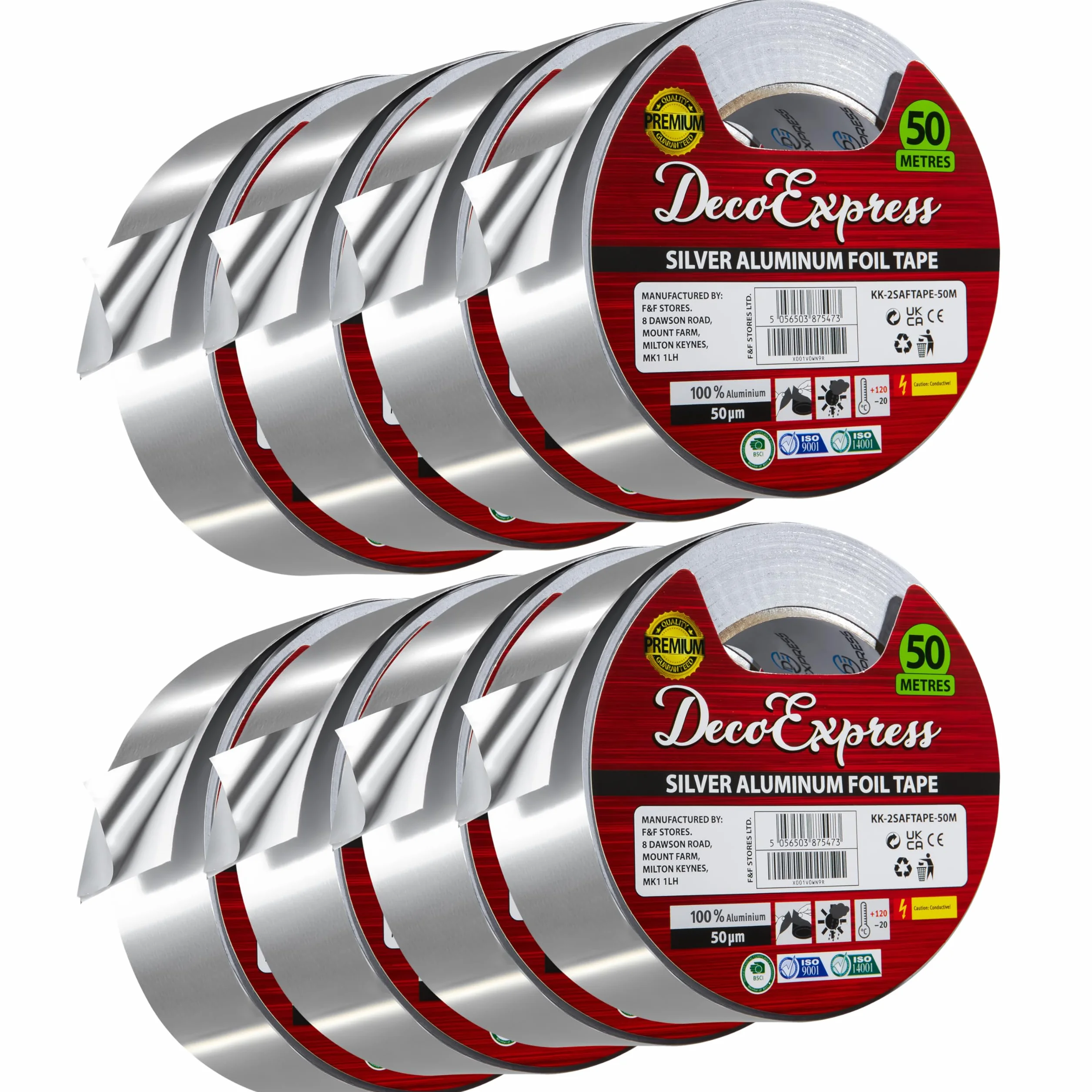 DECO EXPRESS Cintas Adhesivas de Aluminio Alta Temperatura, Cinta de Aluminio Adhesiva 10m, 25m, 50m x 45mm, Resistente al Calor, Impermeable, Cinta de Aislamiento (50 M, 8 Piezas)