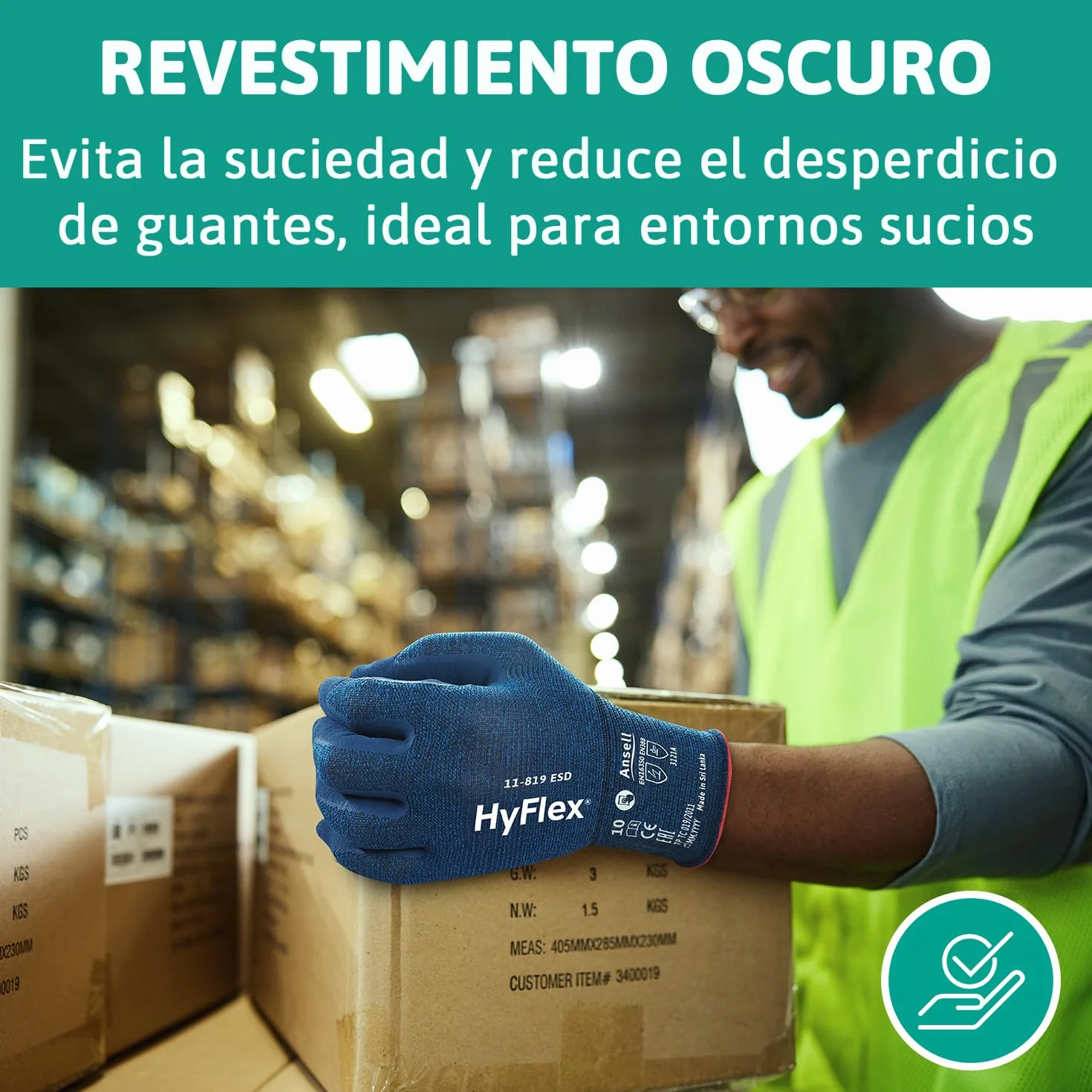 Ansell HyFlex 11-819 Guantes Trabajo Electricista Nitrilo ESD Antiestatico Touchscreen Azul Talla L 12 Pares