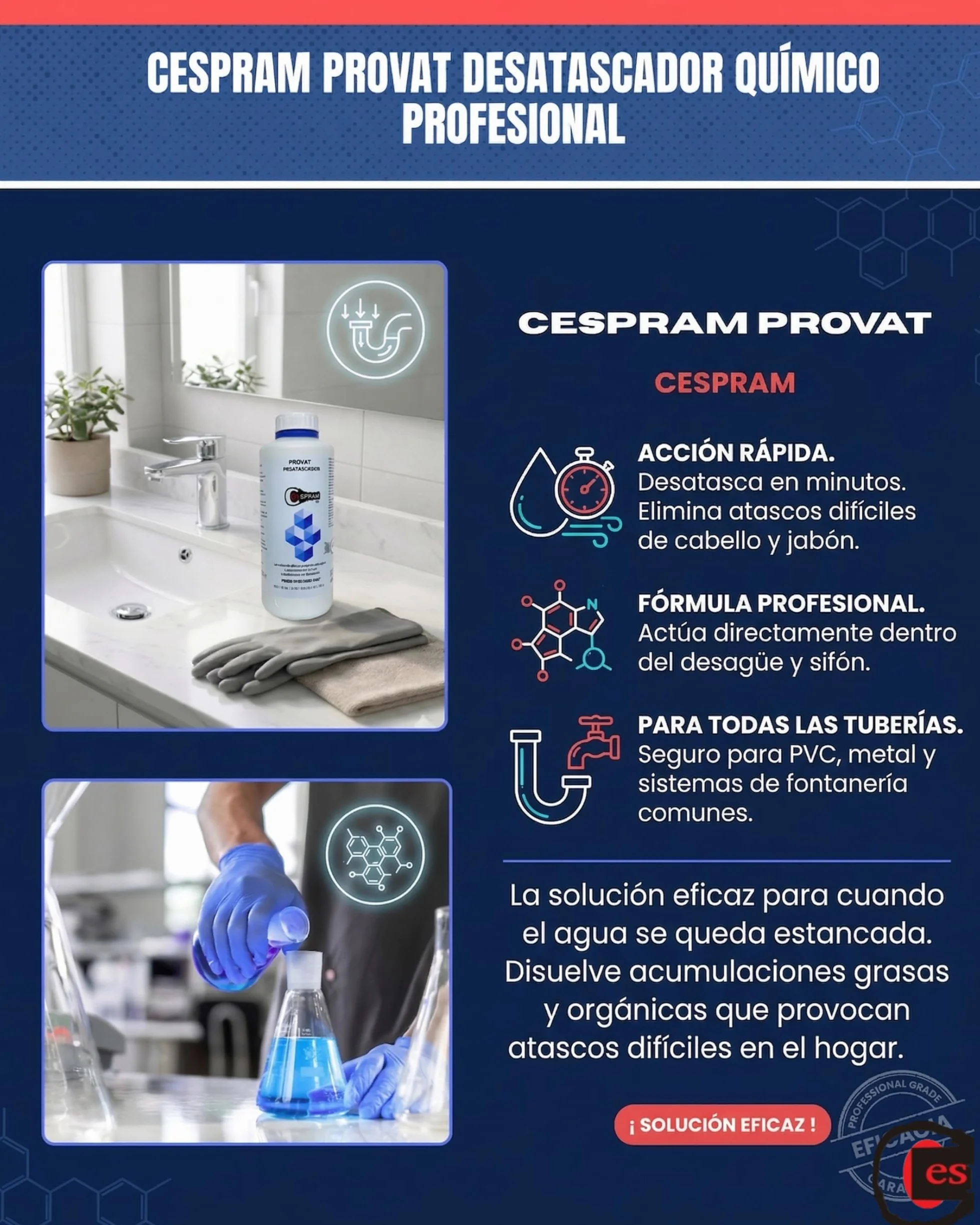 PROVAT Desatascador Tuberías Profesional Químico 1 L (2 kg), Atascos Difíciles, Fregadero, WC y Ducha, Sin Dañar Tuberías (1Unidad).