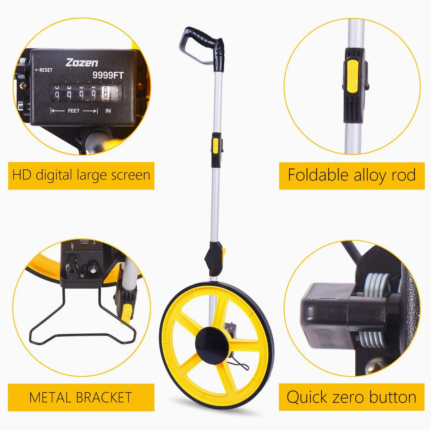Zozen Rueda de medición, plegable portátil de medición de distancia en pies, doble plegable, una llave para restablecer/soporte para mantener el soporte/flecha de punto de partida y bolsa de