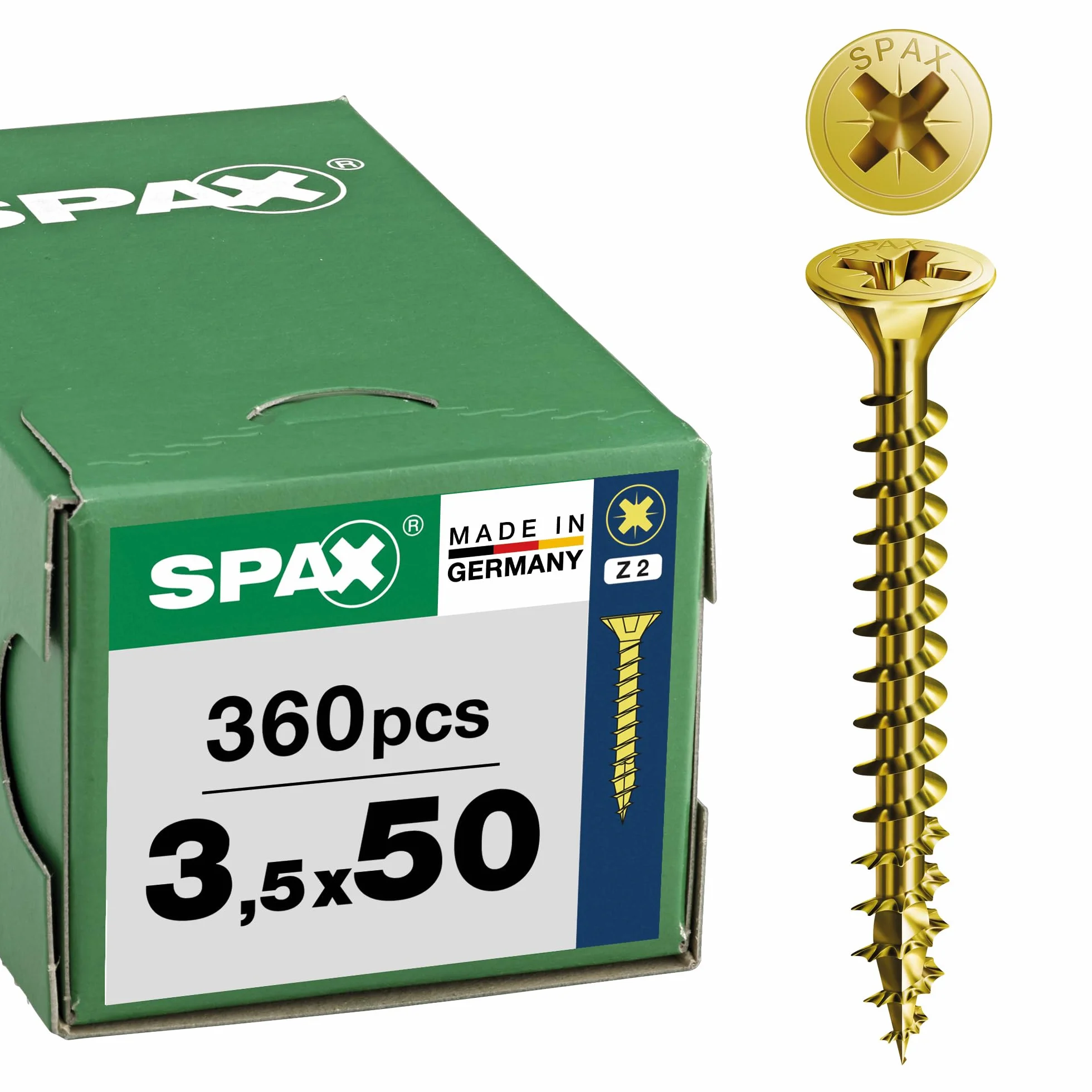 SPAX Tornillo universal 3,5 x 50 mm, 360 unidades - Tornillos para madera, rosca completa, cabeza avellanada, ranura en cruz Z2, 4CUT, recubrimiento YELLOX - 8000000286933