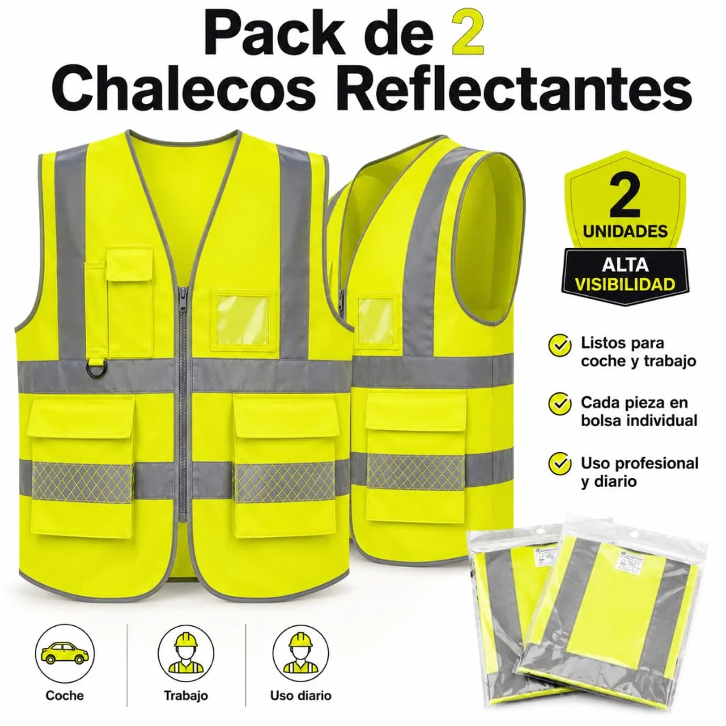 Chaleco Reflectante con Bolsillos y Cremallera Pack 2 Unidades | Chaleco Reflectante Homologado DGT Alta Visibilidad ISO 20471 | Chaleco Seguridad Trabajo Coche Moto Bicicleta Talla L Universal