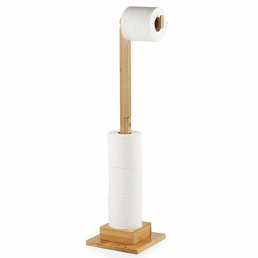 Soporte de papel higiénico independiente de bambú Soporte de rollo de almacenamiento Ideal para 5 rollos de papel higiénico Soporte y organizador 2 en 1 Ahorro de espacio Sin taladrar 72 cm | Soporte de rollo de almacenamiento Ideal de papel higiénico Sop