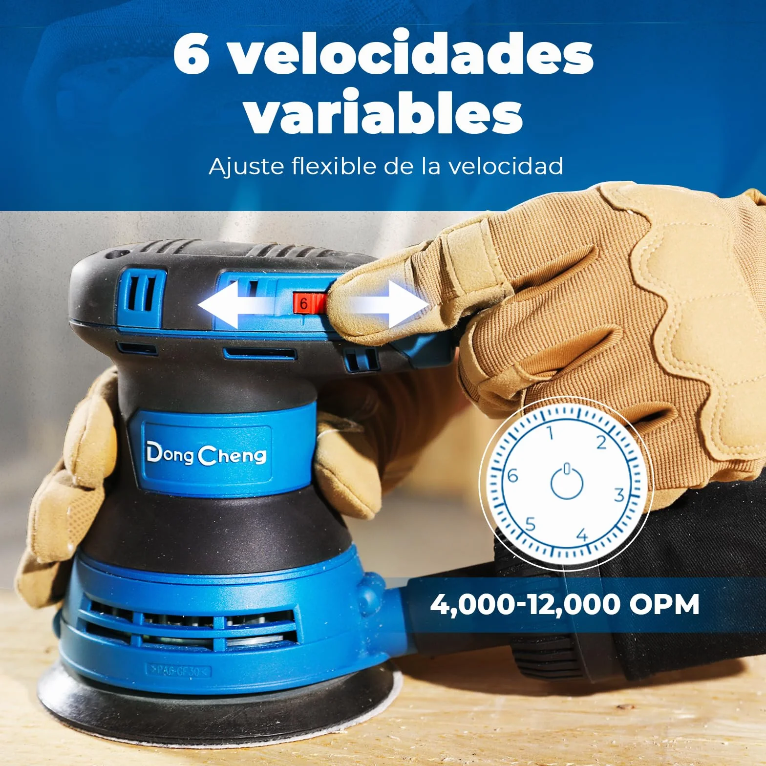 DongCheng Lijadora orbital aleatoria 300W, 125mm, 6 velocidades, 4.000-12.000 rpm con colector de polvo y 10 lijas, ideal para proyectos de carpintería y bricolaje
