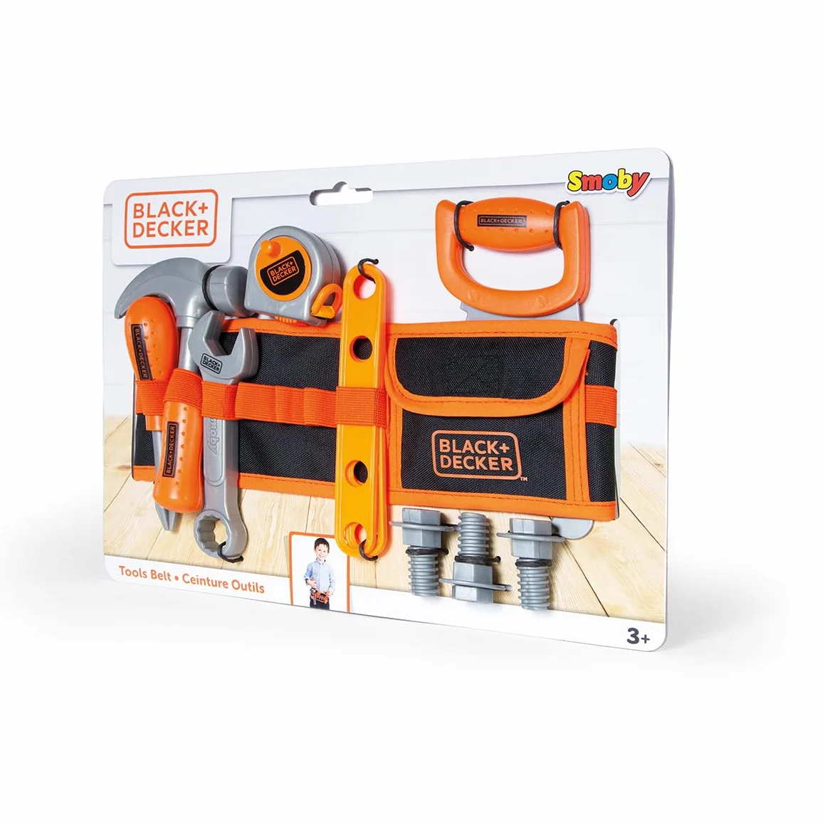 Smoby - Black+Decker - Cinturón de Herramientas - Correa Ajustable - 14 Accesorios - Sierra, Destornillador, Llave combinada, Cinta métrica, Tornillos, Reglas, Tuercas - A Partir de 3 años