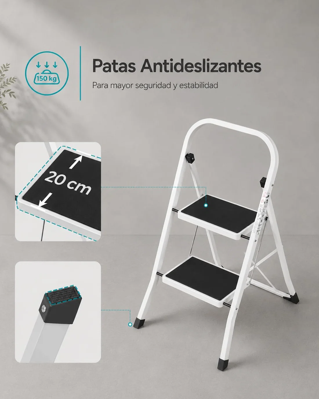 Escalera Plegable de Metal Domestica, Taburete Plegable peldaño Extra Ancho y con Apoyabrazos Carga hasta 150 KG, (2p Blanca)