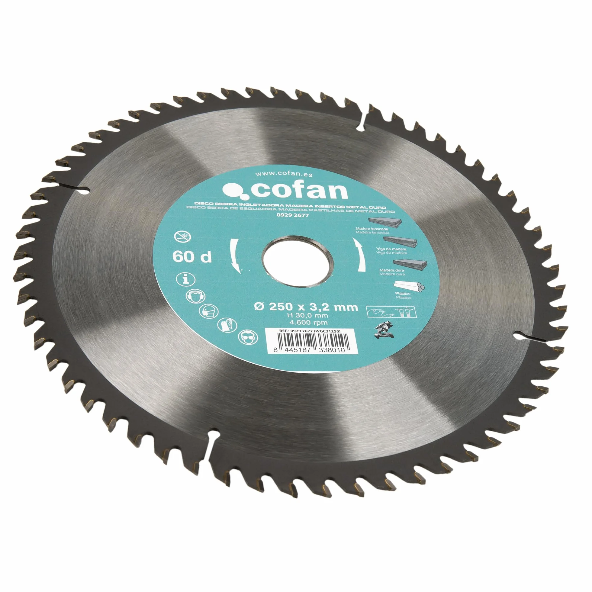 Cofan Hoja de sierra ingletadora 60 dientes 250 x 30 mm 3,2 mm para madera dura plástico laminada