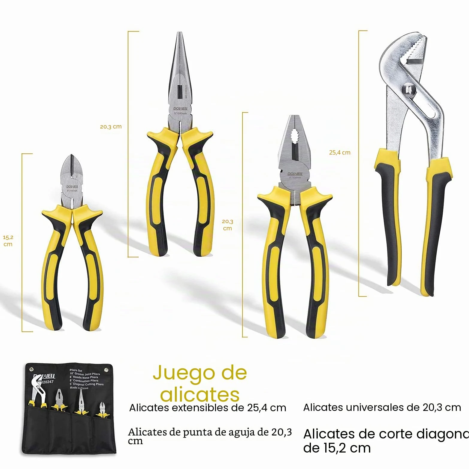 DOWELL Juego de 4 Alicates Con Bolsa de Almacenamiento - Punta Larga 8", Línea 8", Diagonales 6", Junta de Ranura 10"