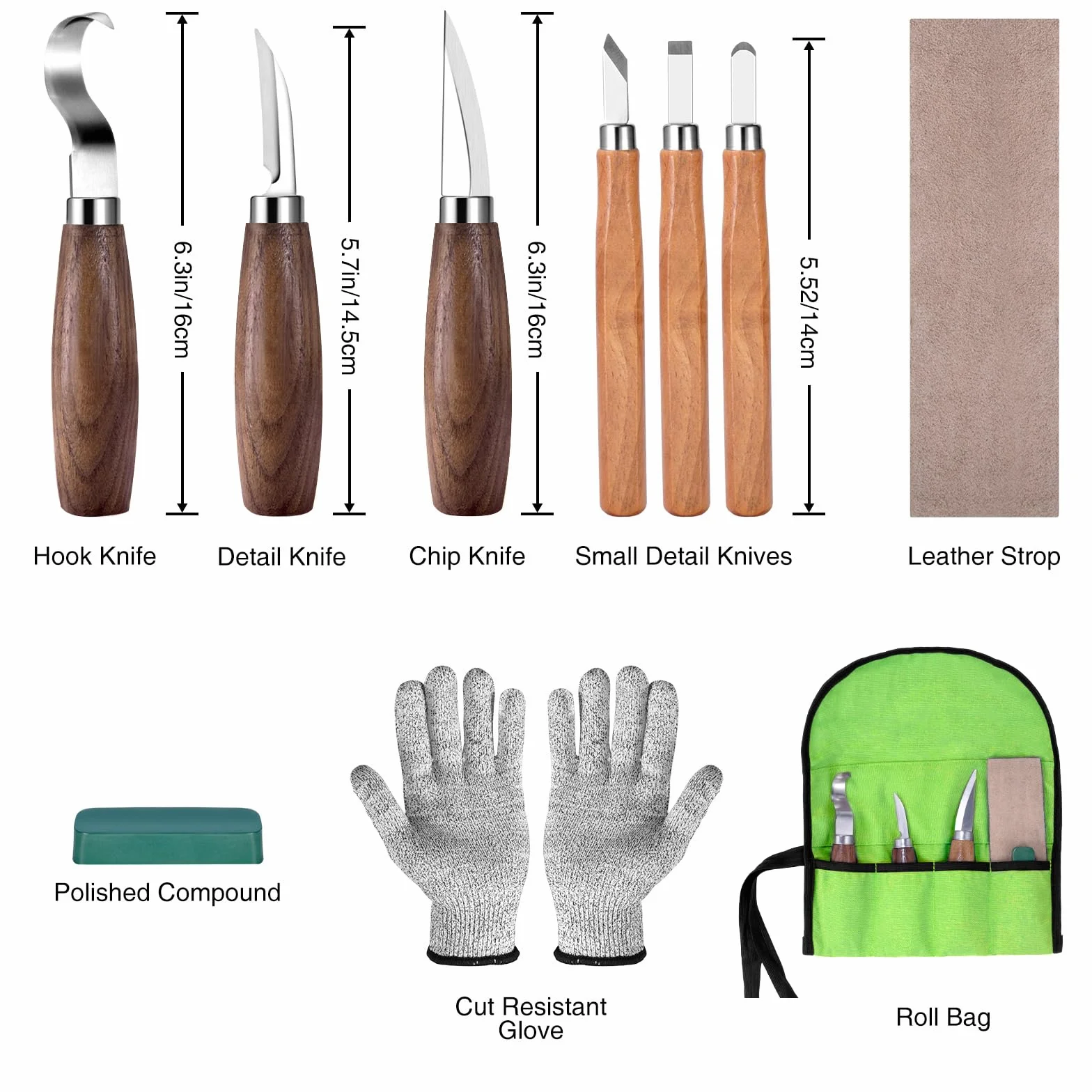 Kit de Tallado de Madera, 10 en 1 Kit de Herramientas para Tallar Madera, incluye 6 Cuchillos Para Tallar Madera Seco para principiantes, Guantes Resistentes a Cortes, Bolsa de Lona