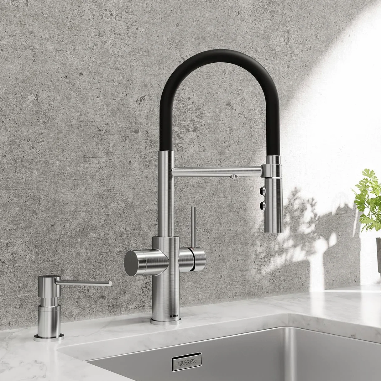 BLANCO CATRIS-S Flexo Grifo de cocina cromado Alta presión Agua filtrada BWT Cambio de chorro transparente a ducha