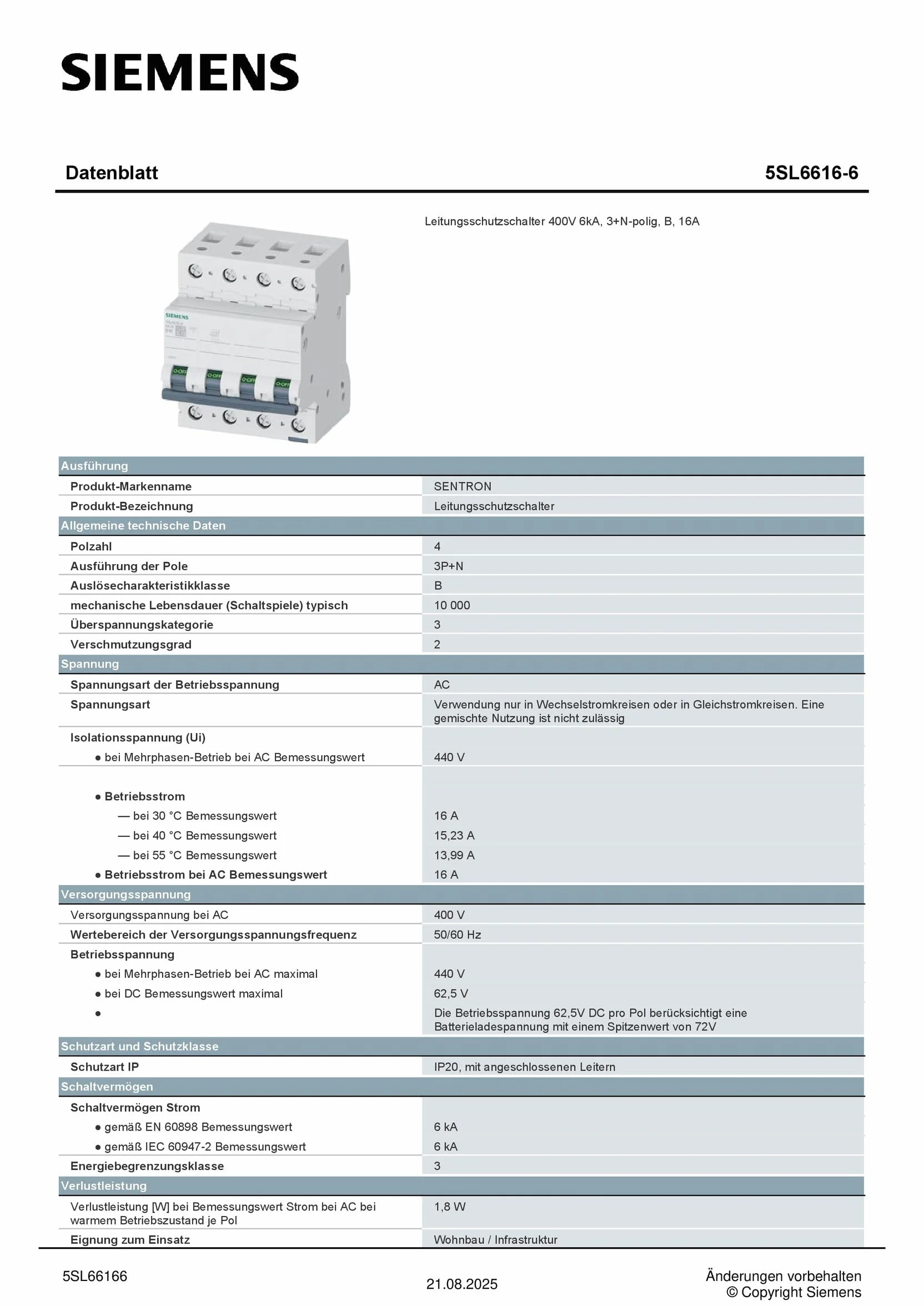 Siemens 5sl6 - Automático magnetotermico 400v 6ka 3+neutro polos b 16a