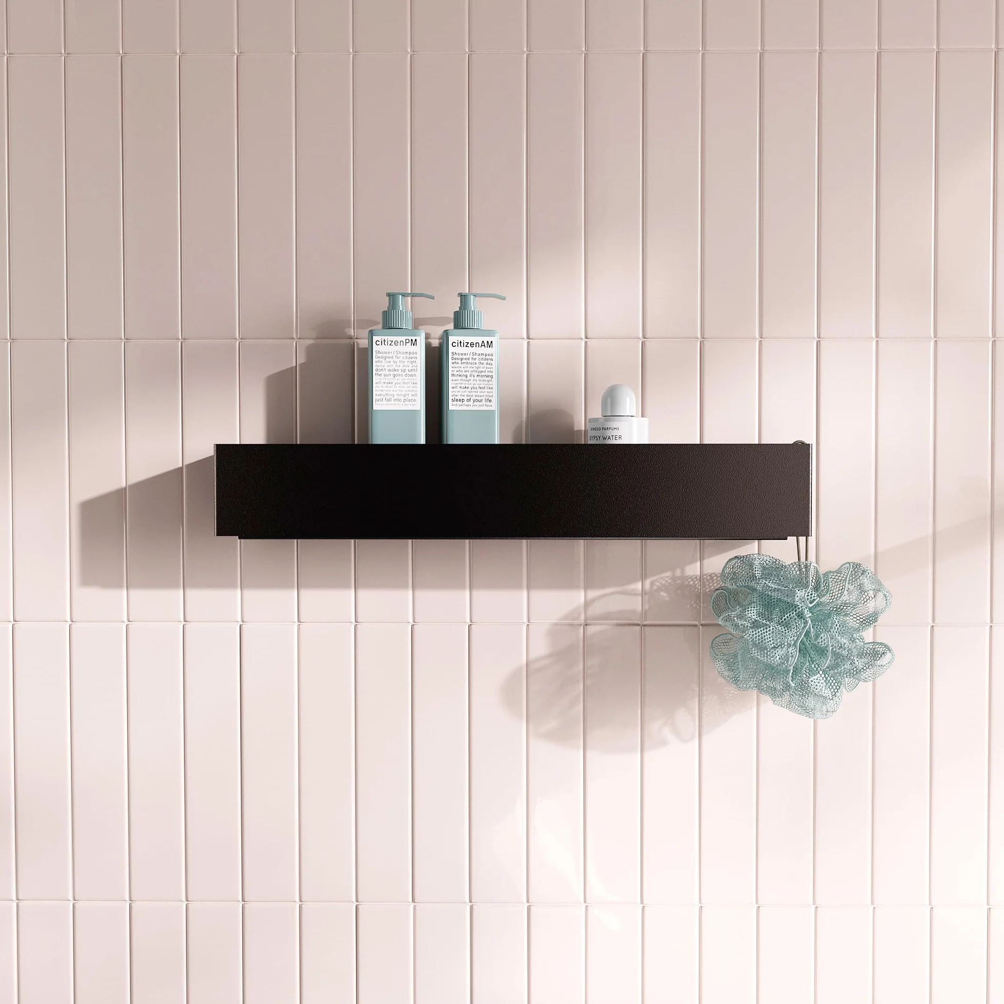 Estantería de ducha negra 50x10x8 cm Estante baño pared sin taladro metal recubrimiento polvo minimalista