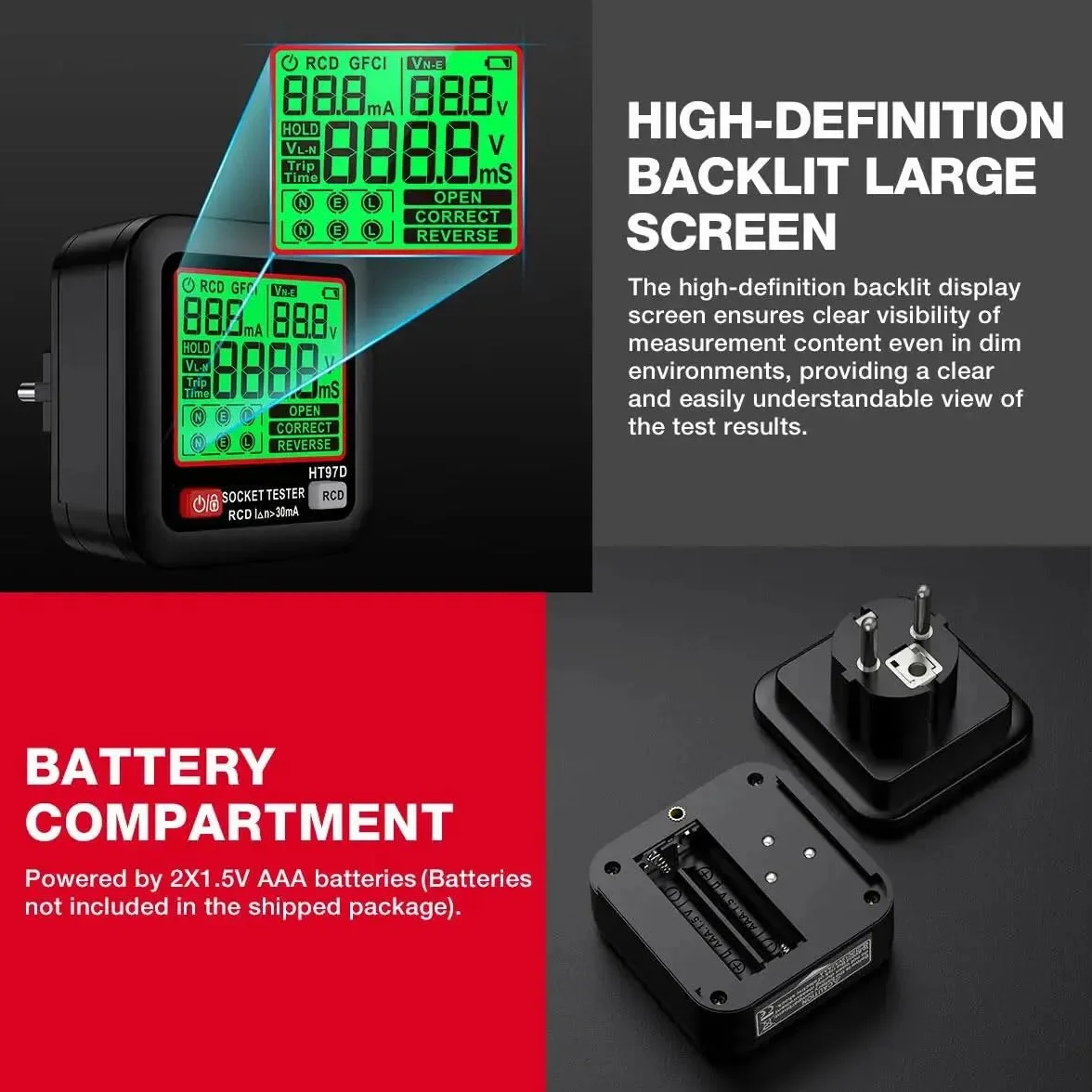 DollaTek D9B Profesional Tester de Enchufe Detección RCD/GFCI Display LCD Voltaje/Frecuencia 90-250V Analizador EU