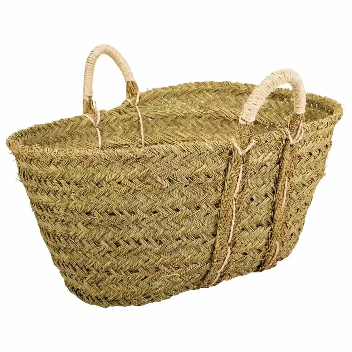 Cesto de Esparto Natural,Capazo de Esparto con Asas Decorativo Ovalado con Asas de Pita, Leñero Decorativo para Chimenea Capazo Cesto para Leña (60 * 50 * 35)