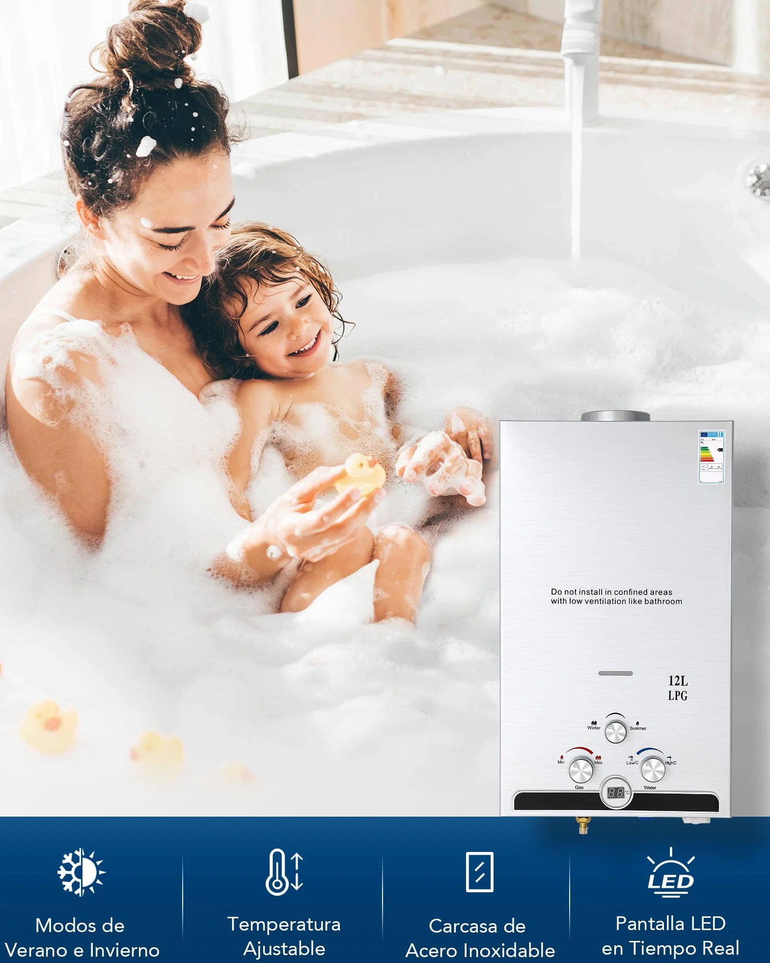 CO-Z Calentador de Agua Butano 12 L/Min, Gas LPG sin Tanque, Certificado CE
