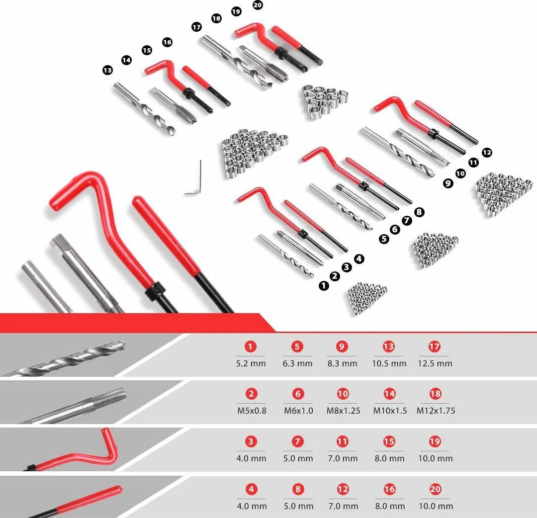 Juego de Reparación de Roscas, Kit Helicoil M5 M6 M8 M10 M12, 131 piezas | ROSCAS DAÑADOS HELICOIDALES HELICOIL Dientes PASADOS DE Tuerca