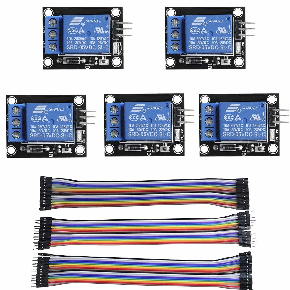 5 unids 1 canal 5V módulo de relé SRD-05VDC-SL-C con 20CM 20Pin Dupont cable para Arduino
