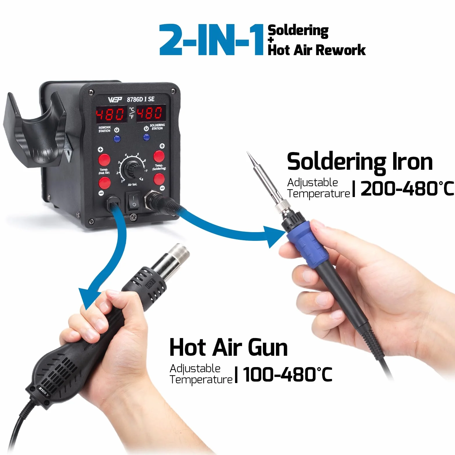 WEP 8786D-I SE Kit estación de soldadura con aire caliente 2-en-1para reparación desoldado con hilo de soldadura sin plomo 5 puntas de soldadura 3 boquillas de aire caliente bomba desoldadora(EU Plug)