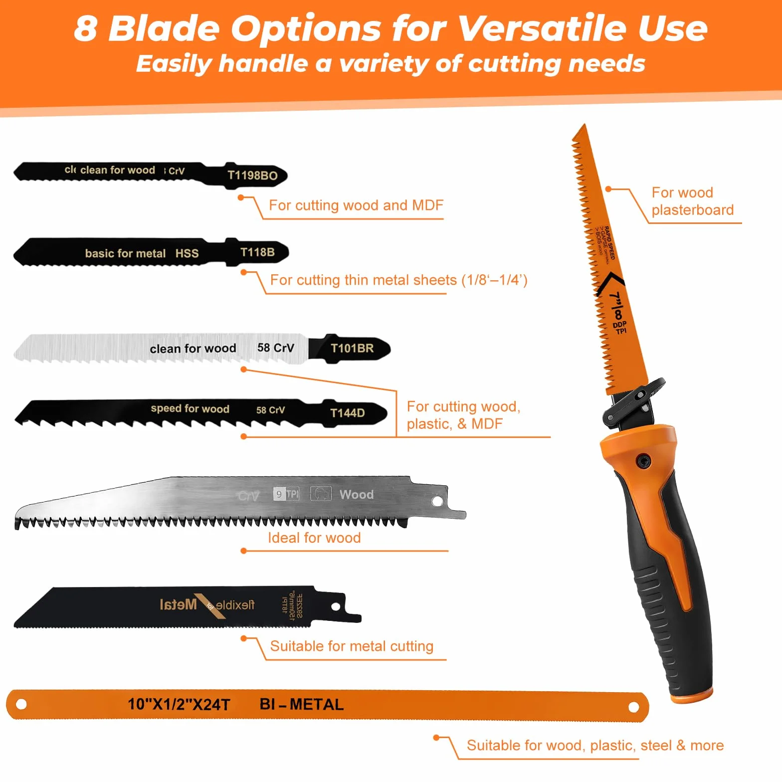 Flintronic Set de Sierra Metálica 8 en 1, Mini Sierra para Bricolaje con 8 Hojas de Sierra, Diseño Autobloqueante y Mango Ergonómico, para Metal, Madera y Plástico