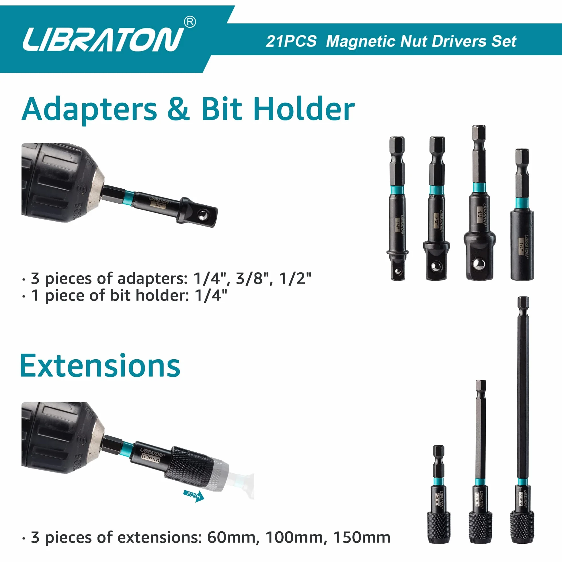 Libraton destornillador de tuercas magnéticas, juego de brocas para taladro de impacto de 1/4 ", destornillador de tuerca métrico y SAE, adaptadores de vaso de impacto, portapuntas, extensiones