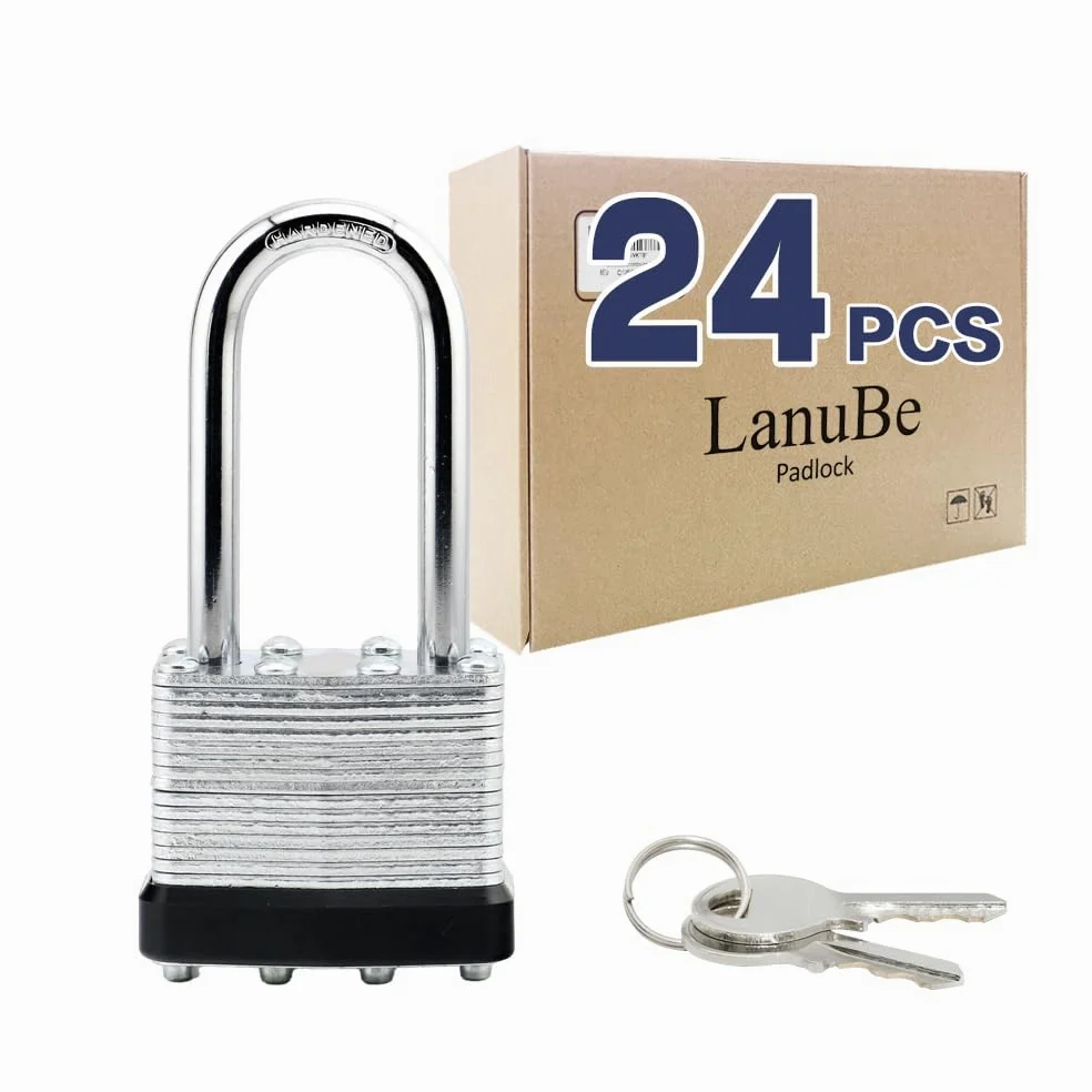 LanuBe Candado laminado con llave (1-9/16 pulgadas, 40 mm), cerraduras con llave igual, grillete largo, aro de plástico negro marcado, paquete de 24