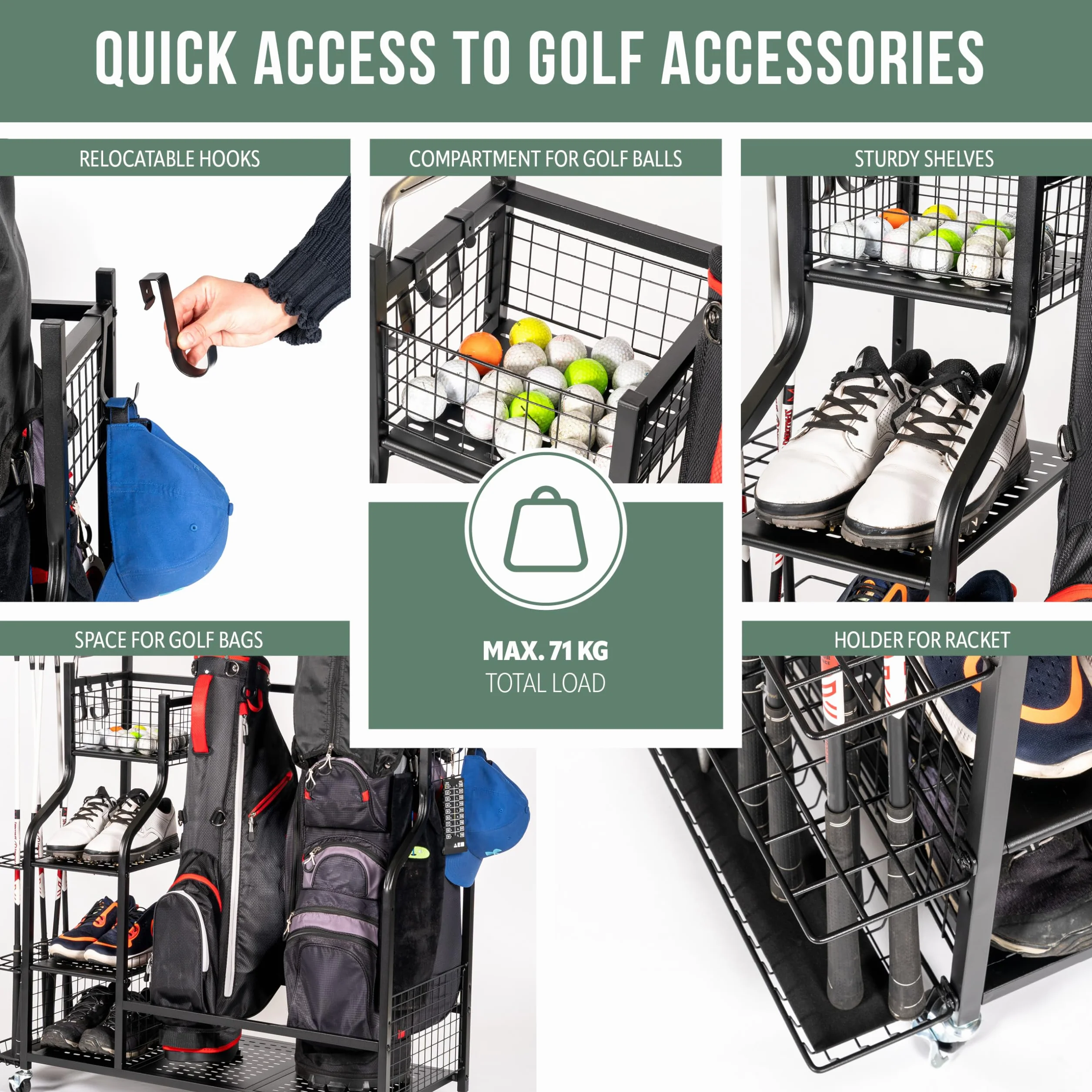 eluno Organizador de bolsas de golf con estantes estables y cestas, estante de almacenamiento para 2 bolsas de golf y accesorios de equipo de golf, soporte para bolsas de golf, de acero negro