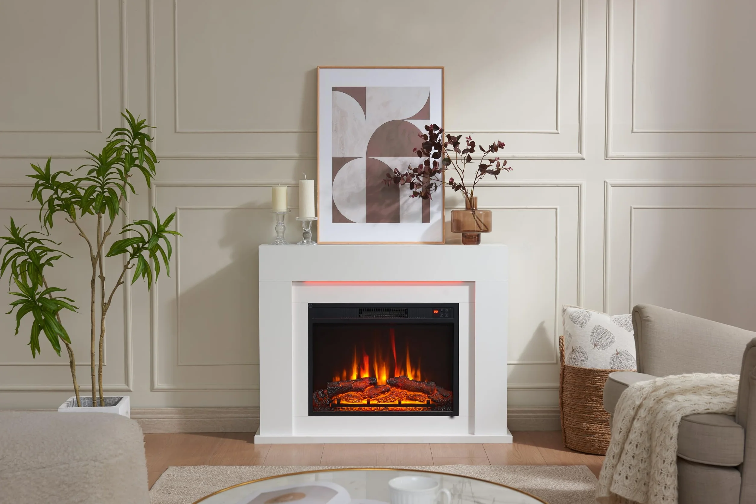 BALDERIA Finn Design - Chimenea Eléctrica con Mueble Blanco, Calefactor bajo Consumo