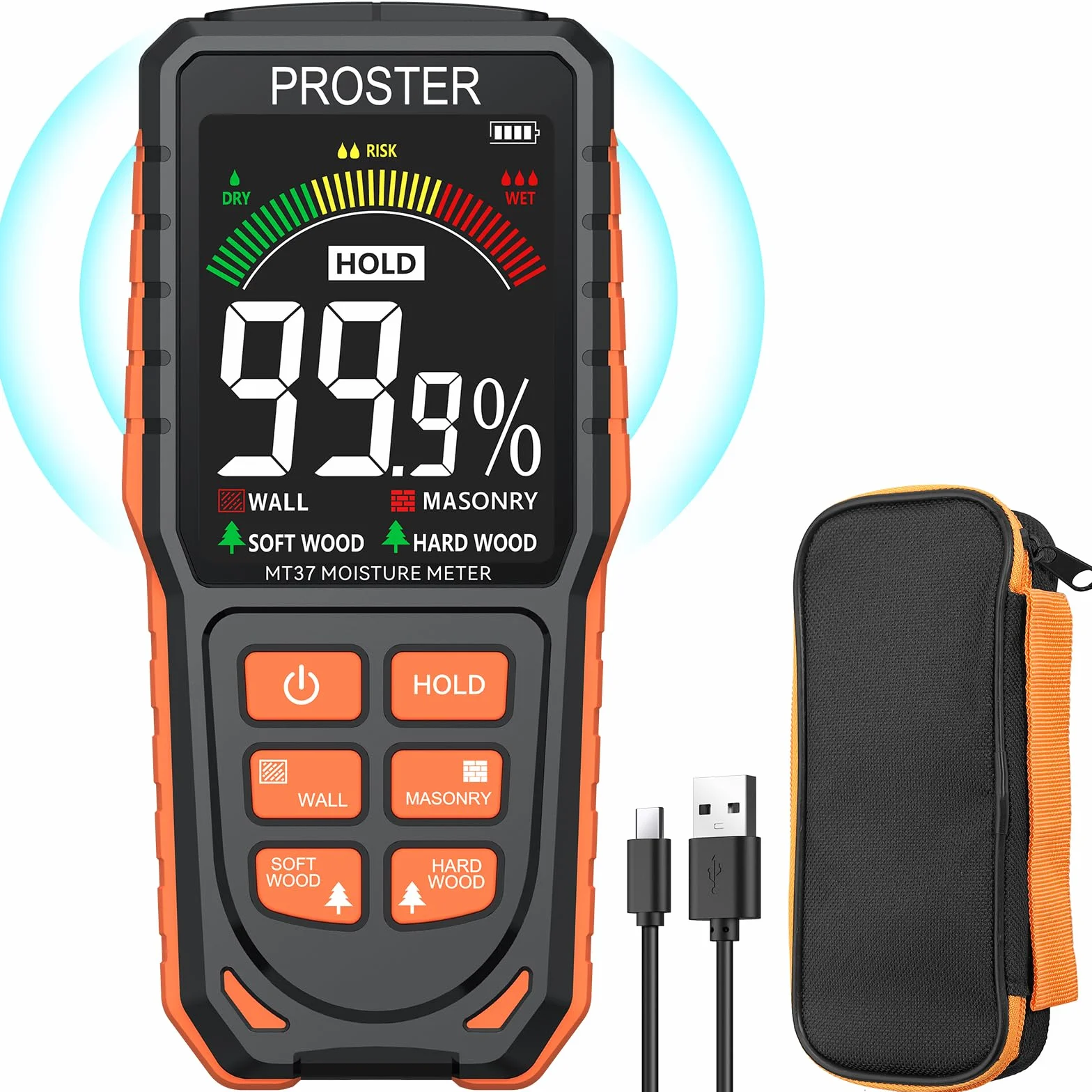 Proster Medidor de Humedad Digital de Pared Recargable Detectores de Humedad Higrómetro Profesional de Pared Sin Aguja con Pantalla LCD y Alarma Audible Para Madera, Paredes, Yeso, Mampostería