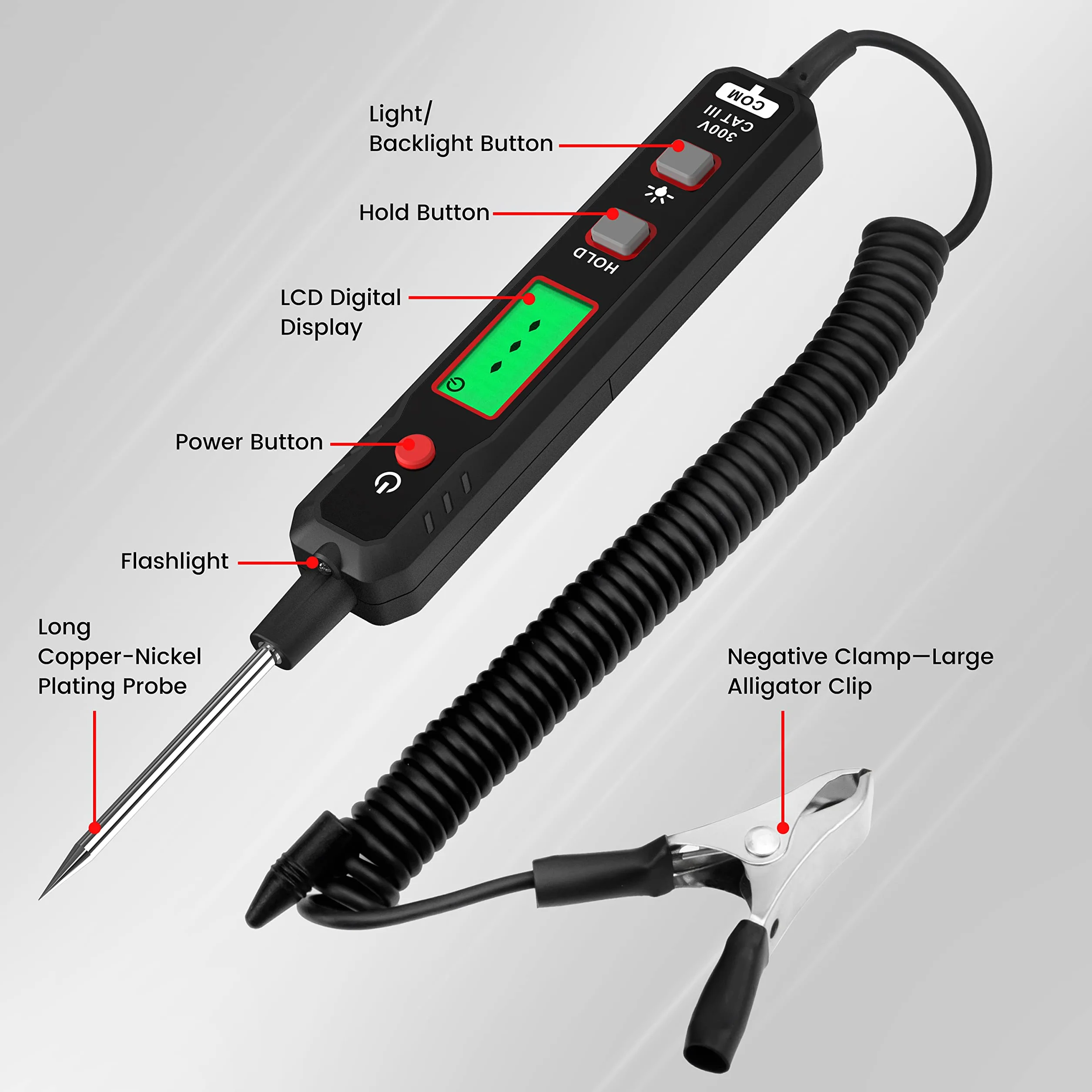 KAIWEETS Lápiz Comprobador de Voltaje para Coche, 0.8V-100V DC, Lámpara de Prueba Digital con Luz de Fondo