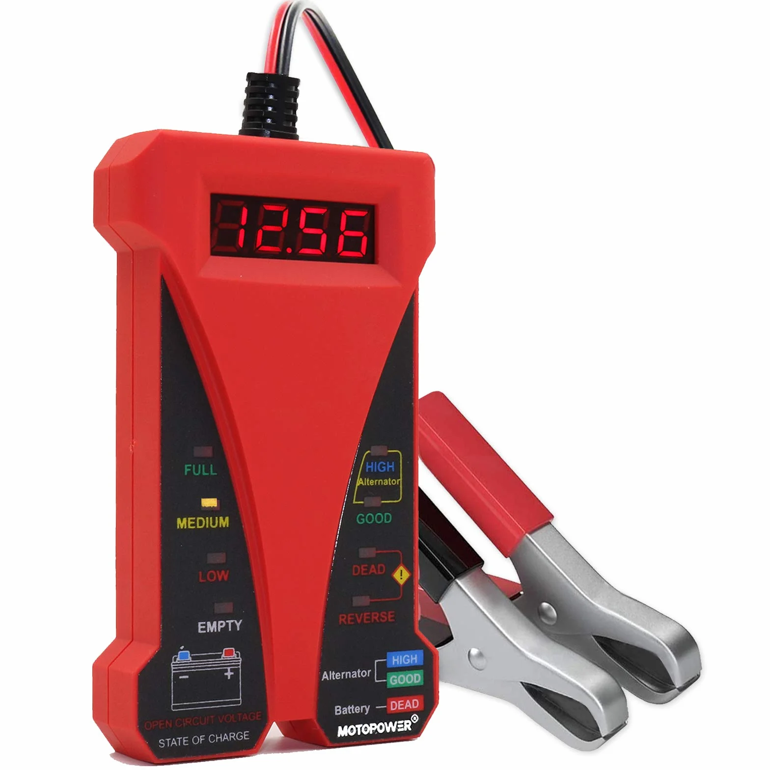 MOTOPOWER 12V Comprobador Digital de batería con voltímetro y Sistema de Carga alternador con Pantalla LCD e indicador LED (c) - Rojo)