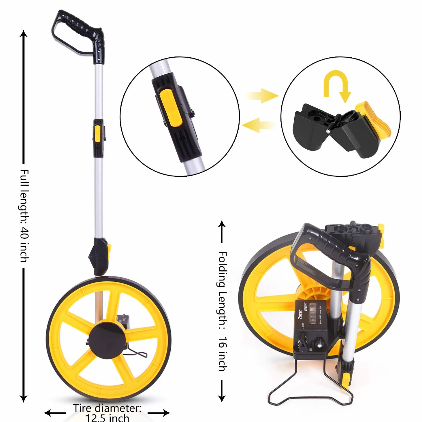 Zozen Rueda de medición, plegable portátil de medición de distancia en pies, doble plegable, una llave para restablecer/soporte para mantener el soporte/flecha de punto de partida y bolsa de