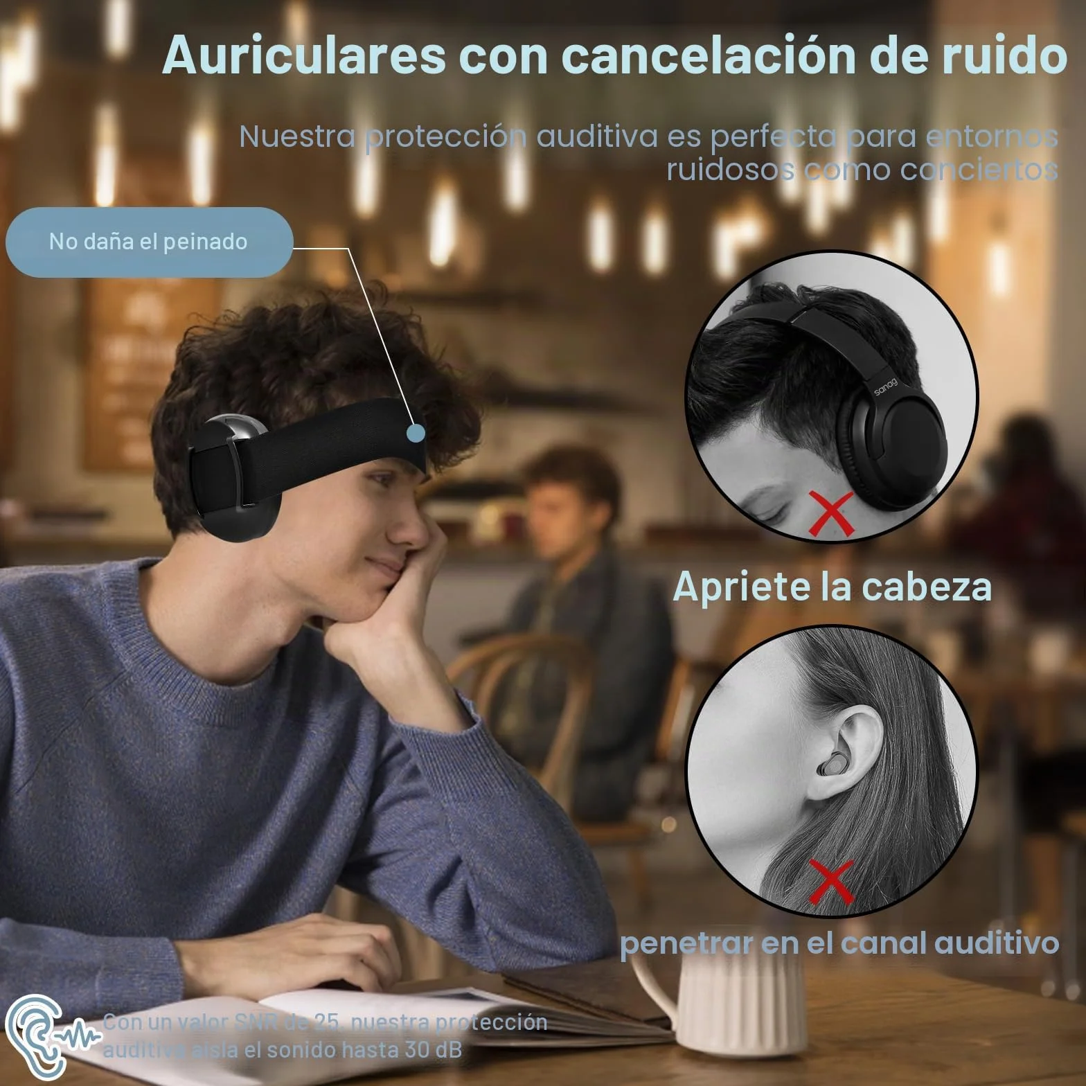 cascos antiruido adultos, cascos cancelación de ruido, mejoran el sueño, cascos insonorizacion para estudiar, orejeras elásticas ajustables, ideales para viajes, Negro