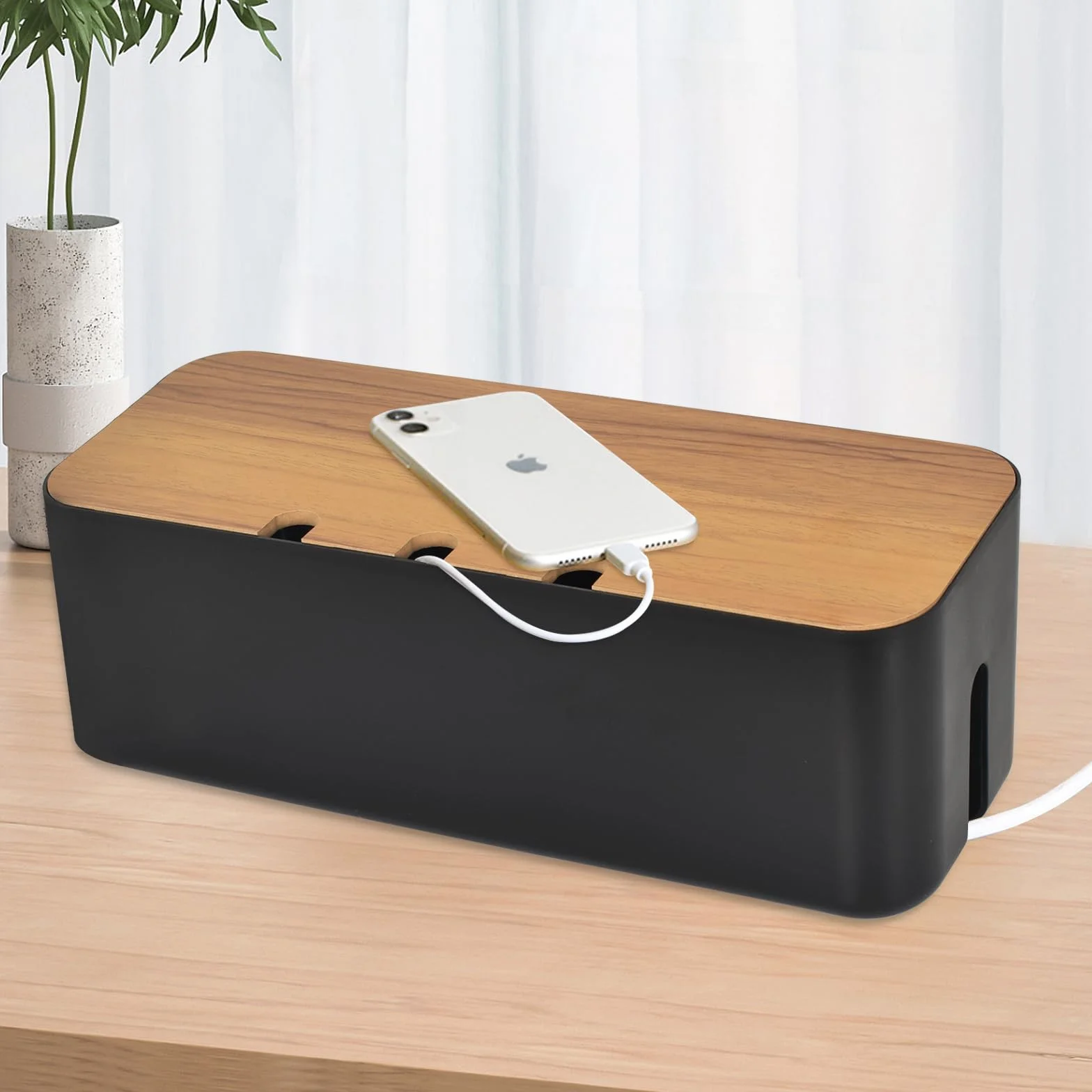 Caja organizadora de cables grande negra con tapa de madera para guardar accesorios y regletas de enchufe para televisores y escritorios en casa y oficina