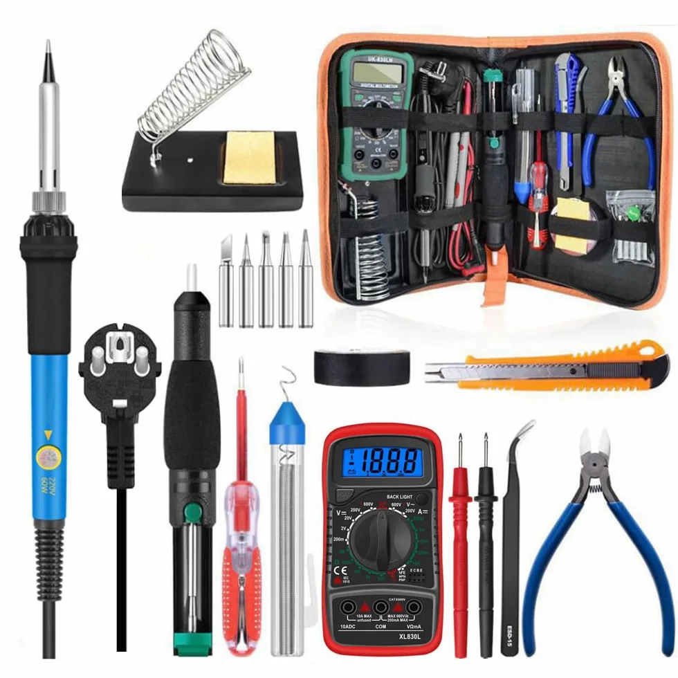 Kit del Soldador, 60W 220V Soldadores Electrico con Temperatura Ajustable, Multímetro Digital, Bomba de soldadura, Pinzas Antiestáticas,Destornilladores,Alambre de Soldadura
