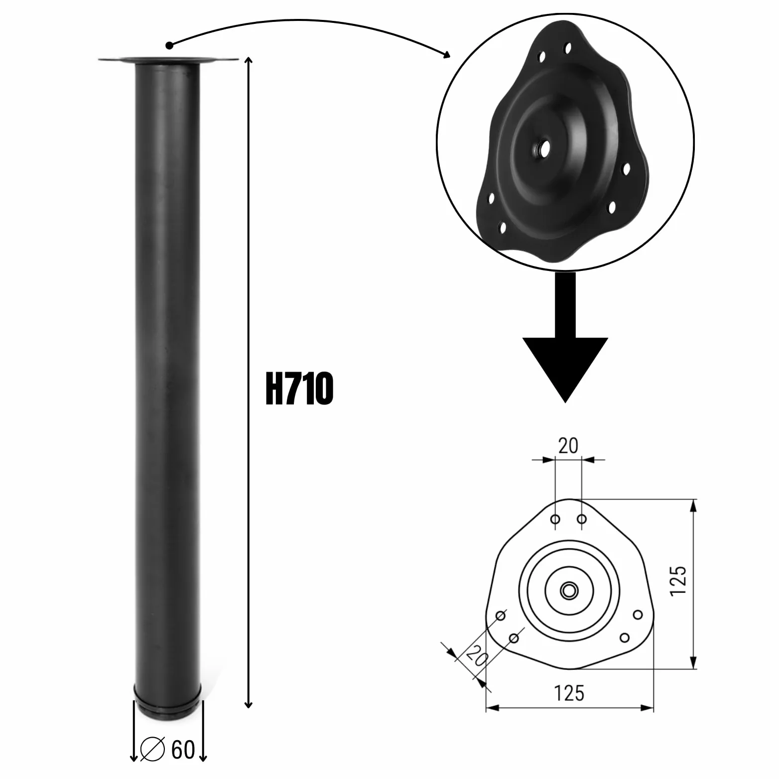VERDU Patas para Mesas - Juego De 4 Patas Mesa De Acero De Alta Resistencia, ø60mm, Altura De 710mm, Regulación hasta 10mm, Soporte Superior En Zamak, Varios Acabados Disponibles (Negro)