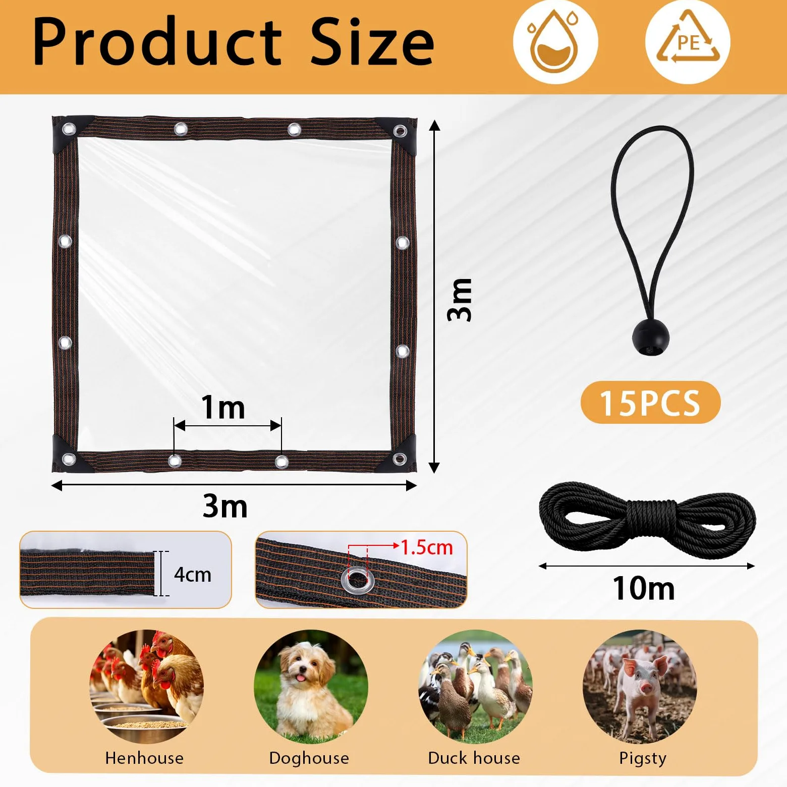 DBREAKS Lona Impermeable Transparente con Ojales, 3 x 3 m, Lonas Impermeables Exterior Transparente, para Exterior Terraza, Muebles de Jardín, Aislamiento de Plantas, con Cuerda