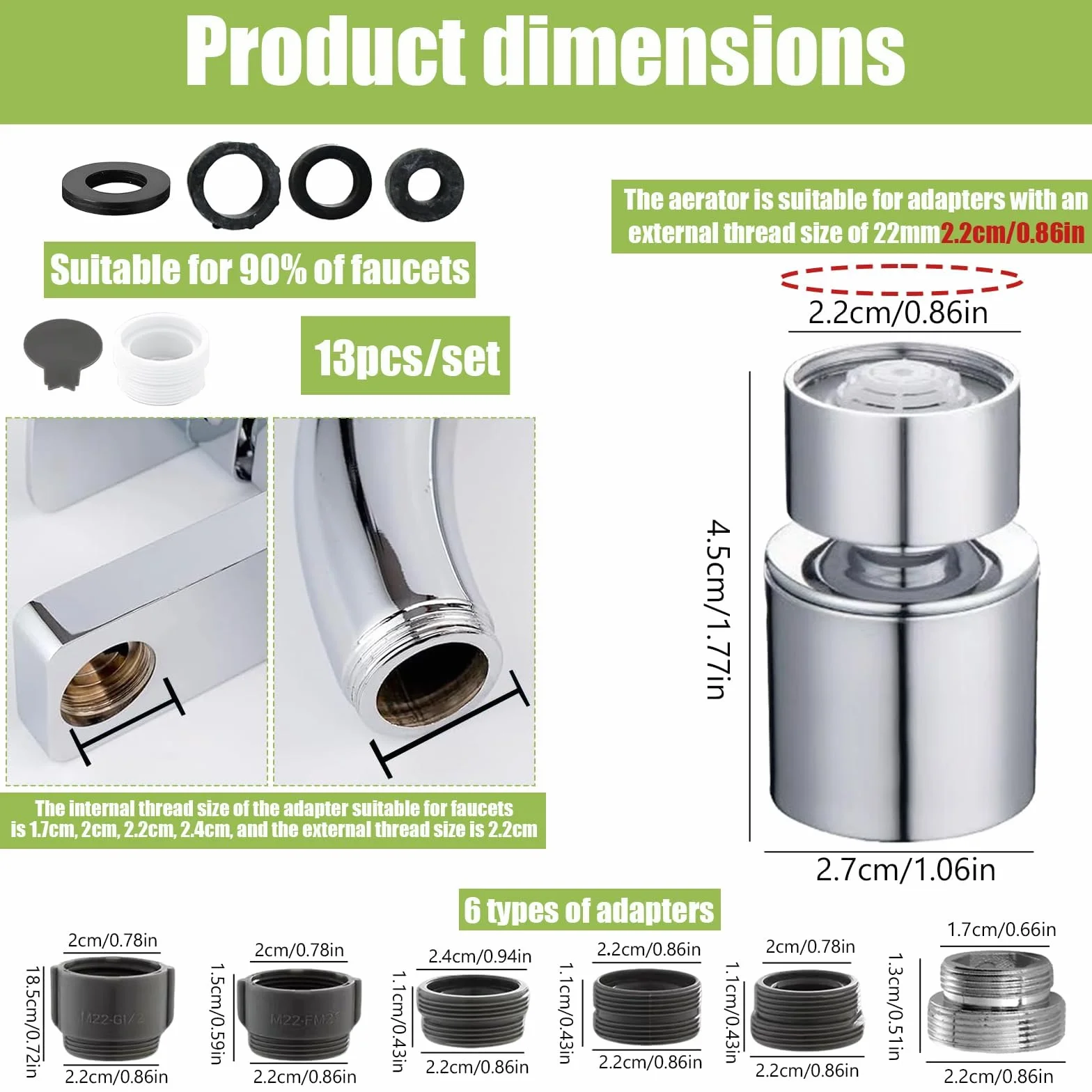 Aireador Grifo Cocina 6 Piezas, Adaptador 18mm a 22mm, Electrodeposición Cobre, Giratorio Universal