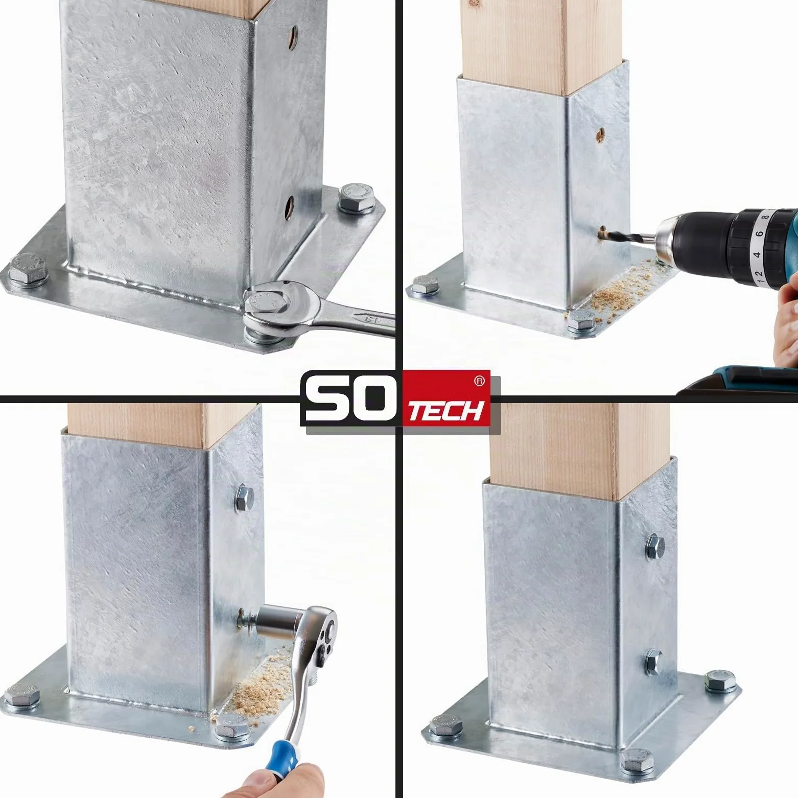 SOTECH JUEGO de 2 anclajes roscados, redondos Ø 100 mm, 152 mm de altura, acero galvanizado en caliente, toma de tierra para madera redonda - ideal para uso en exteriores