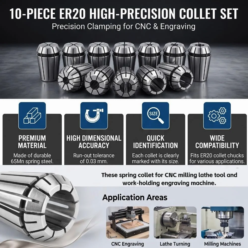 Paquete de 10pcs / set Set de pinza de alta precisión ER20 para máquina de grabado CNC y herramienta de torno de fresado 1/8 "~ 10mm