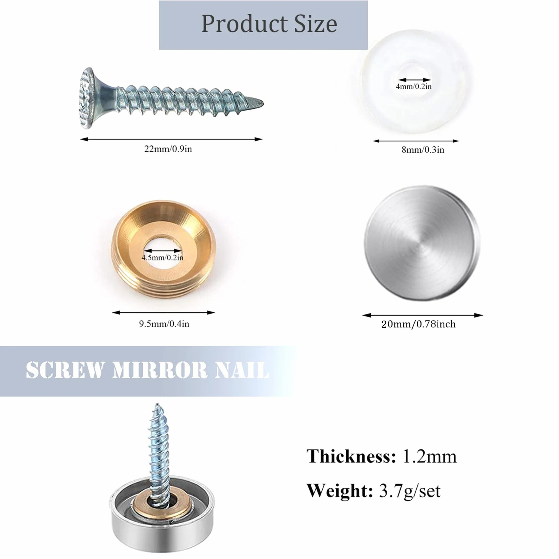 40 juegos 20mm Cilíndrico de Tornillo Decorativas Tornillos para Espejo Clavos Espejo Cubierta de tornillo de acero inoxidable se utiliza para arreglar espejos vallas publicitarias cristales letreros