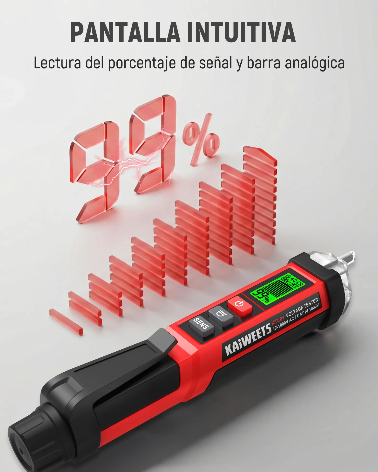 KAIWEETS Detector de Voltaje NCV 12-1000V AC Probador con Pantalla LCD Indicador Señal Alarma Sonora Linterna LED Buscapolos Eléctrico ETL CAT IV