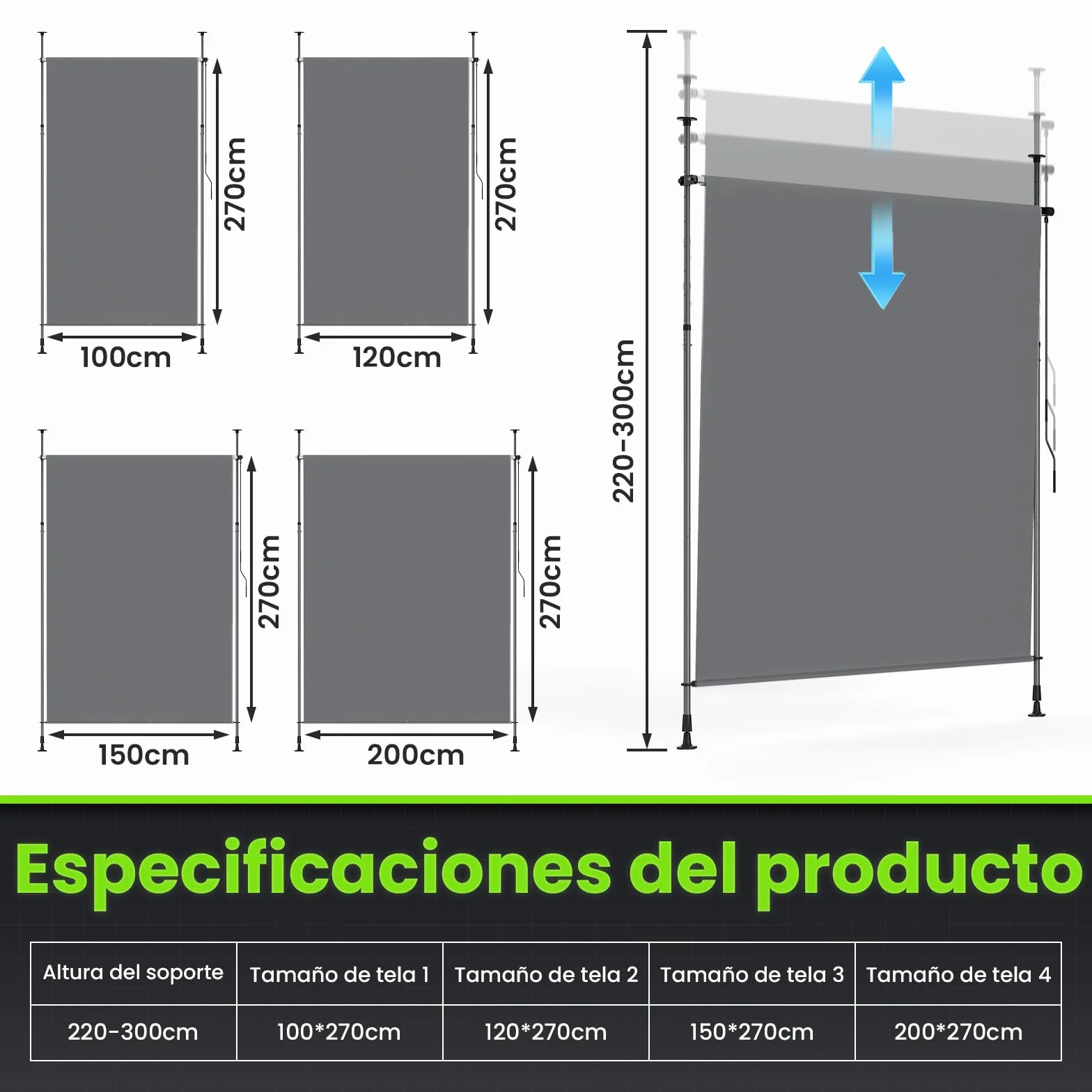 YEAUPE Pro Toldo Vertical Exterior, 100 x 300 cm, Gris Oscuro, sin Agujeros, toldo con Pinza, con manivela, Adecuado para balcón, terraza, Exterior y jardín, protección Visual Resistente a la