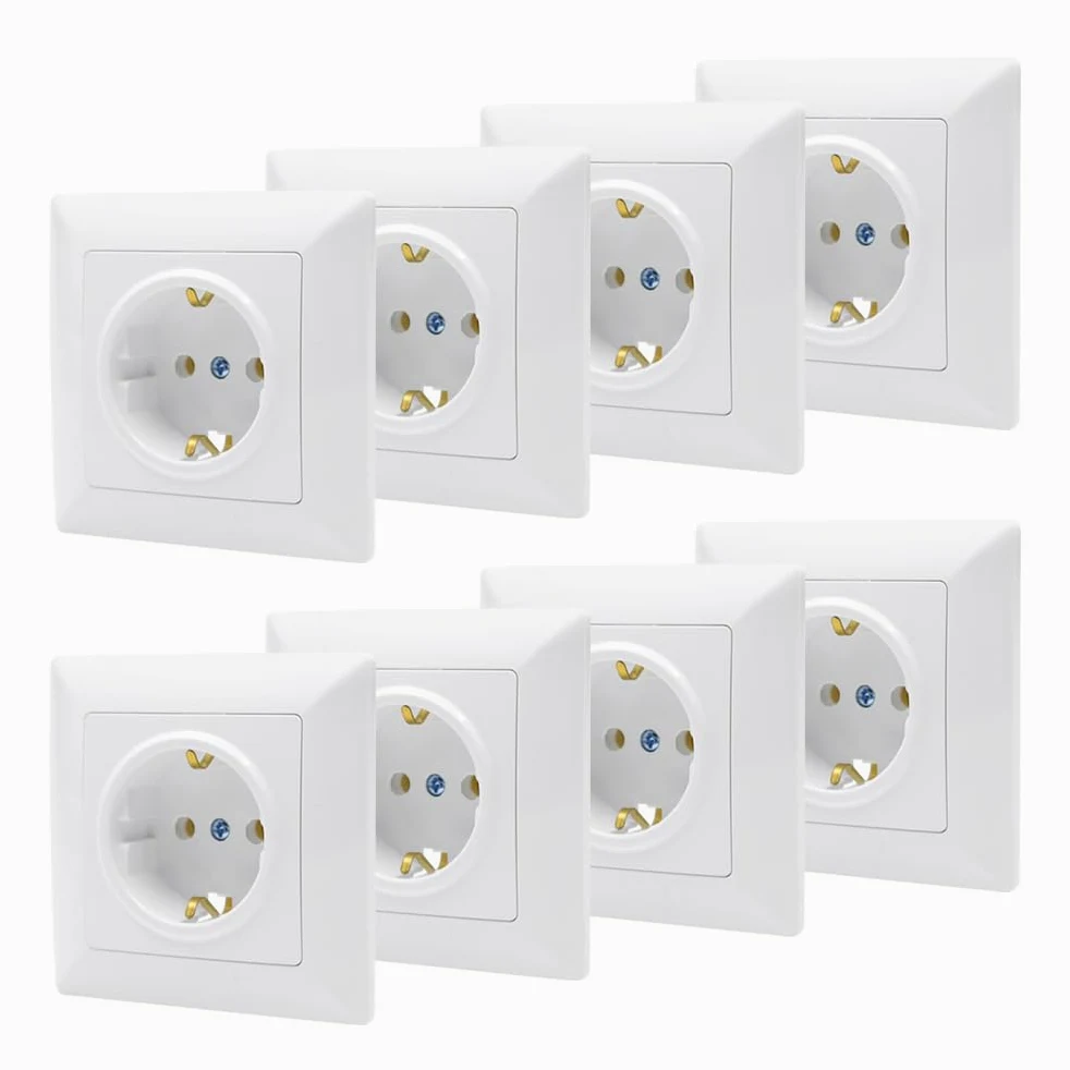 8 Piezas Enchufe de Empotrado Blanco Enchufes de Pared Schuko 16A 250V Enchufes Empotrables Estándar UE para Uso en Interiores (82 mm x 82 mm)