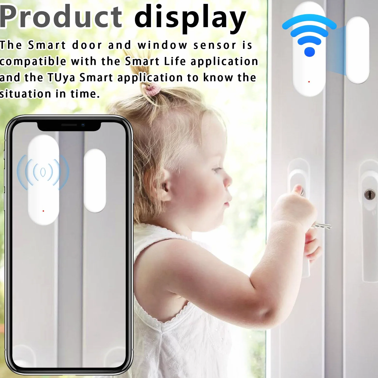 Sensor de Puerta WiFi, Juego de 2 Sensores de Ventana Inalámbricos, Alarma, Sensor de Puerta Smart Tuya