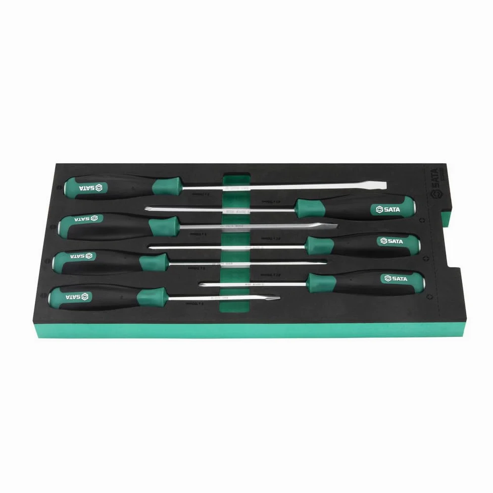 SATA ST09919G - Juego de destornilladores (7 piezas, 400 x 187 mm, cuchillas de acero de alto rendimiento, mango de metal con tapa de impacto, mango ergonómico y suave)
