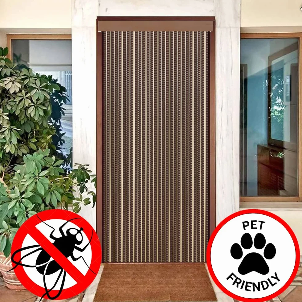 Cortinas Exterior de Cinta para Puertas | Plástico PVC y Barra Aluminio | PERTONI TENDE (MARRÓN Y Beige, Ancho 100cm x 210cm Largo)
