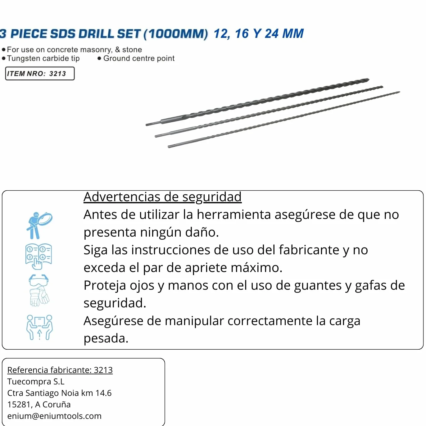 KIT 3 Brocas SDS PLUS de 1 Metro (1000 mm) | Brocas Pasamuros Extra Largas SDS-Plus: Ø 12, 16 y 24 mm | Barrenas Profesionales Hormigón, Piedra y Ladrillo (mampostería. Punta de Carburo de Tungsteno