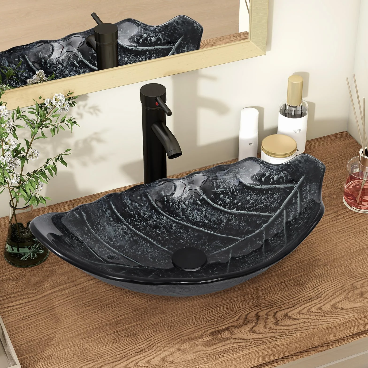 YU YUSING Lavabo Sobre Encimera con Grifo, Lavabo Baño de Cristal 56x34x17 cm, Lavabos de Lujo para Baño, Cocina, Aseo de Invitados, Tocador, Moderno Gris Plata, Forma de Hoja