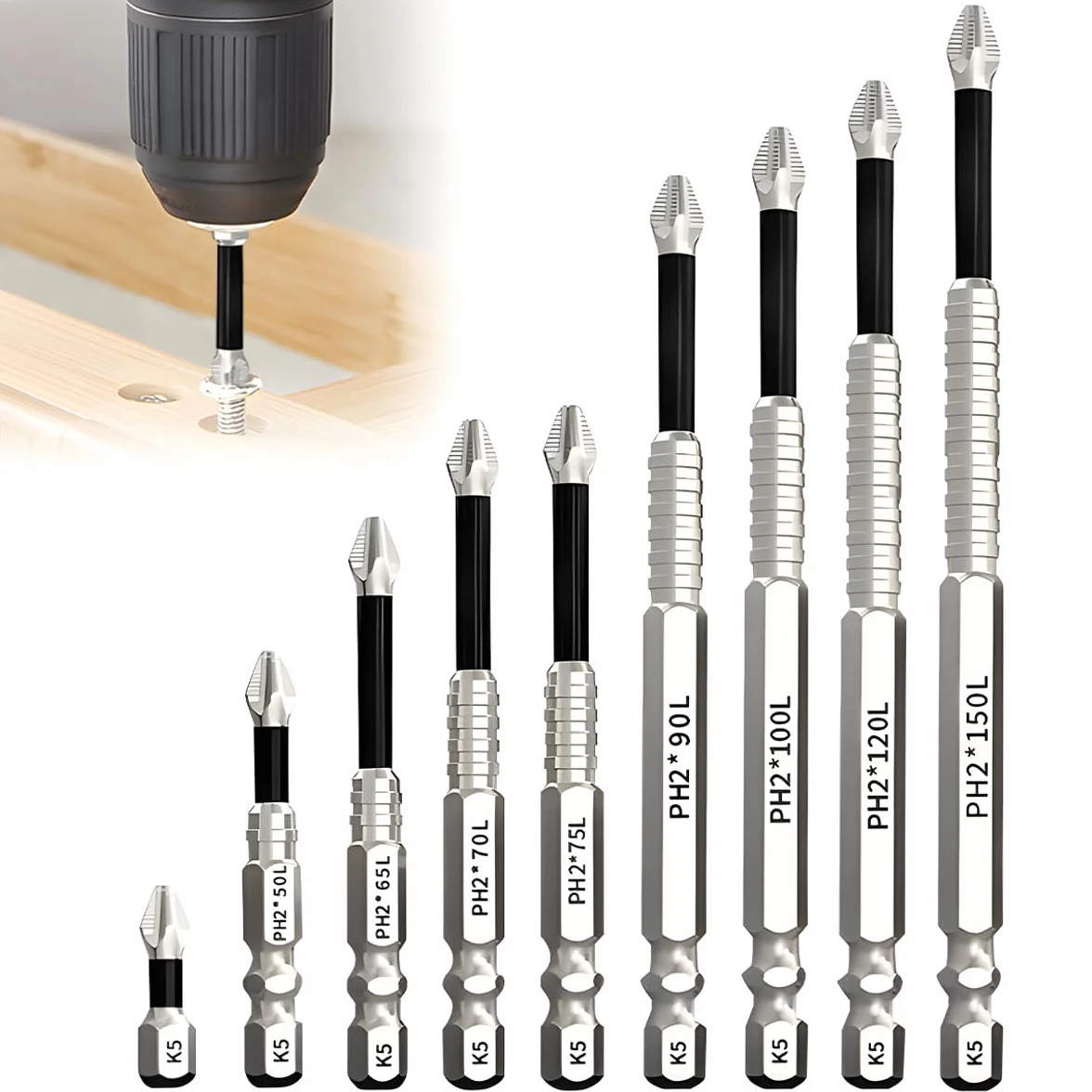 9Pcs Juego de Puntas de Destornillador Magnéticas, Resistente Al Impacto, Juego de Brocas Phillips Antideslizantes para Taladro Eléctrico (25 50 65 70 75 90 100 120 150 mm)